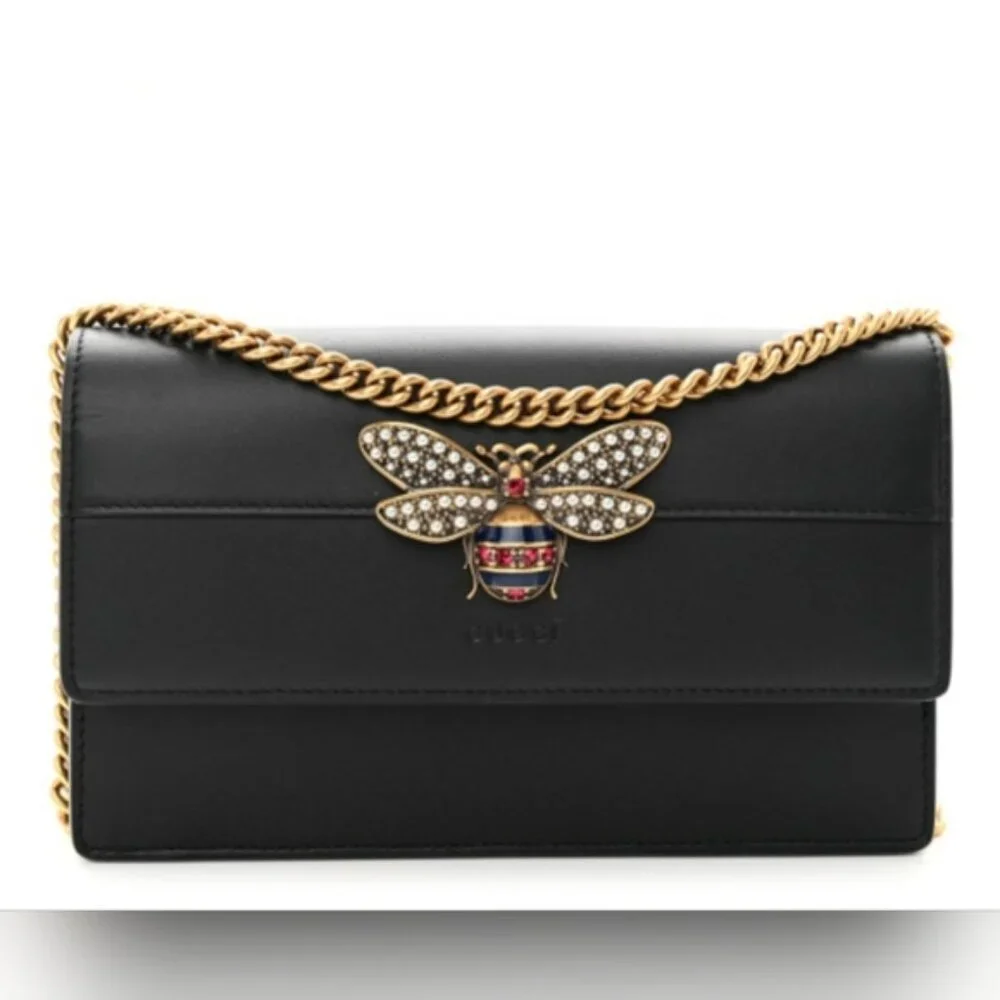 Authentic Gucci Queen Margaret Bee Chain Wallet Black Leather GG Crossbody - Picture 1 of 16